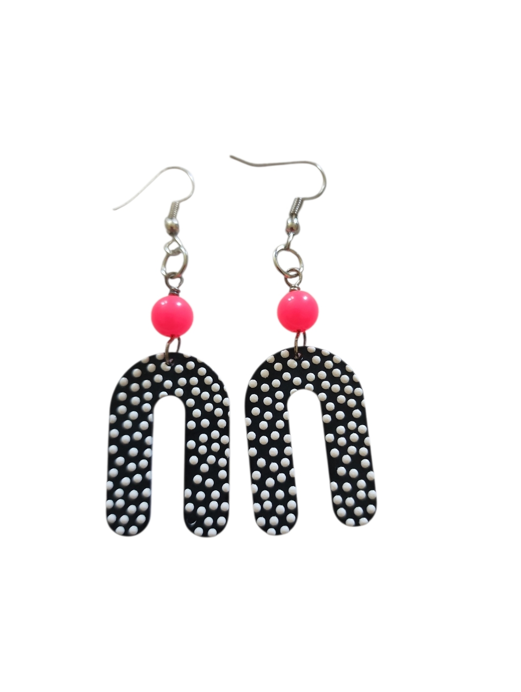 (3)Handcrafted Black & White Polka Dot Arch Earrings With Pink Bead
